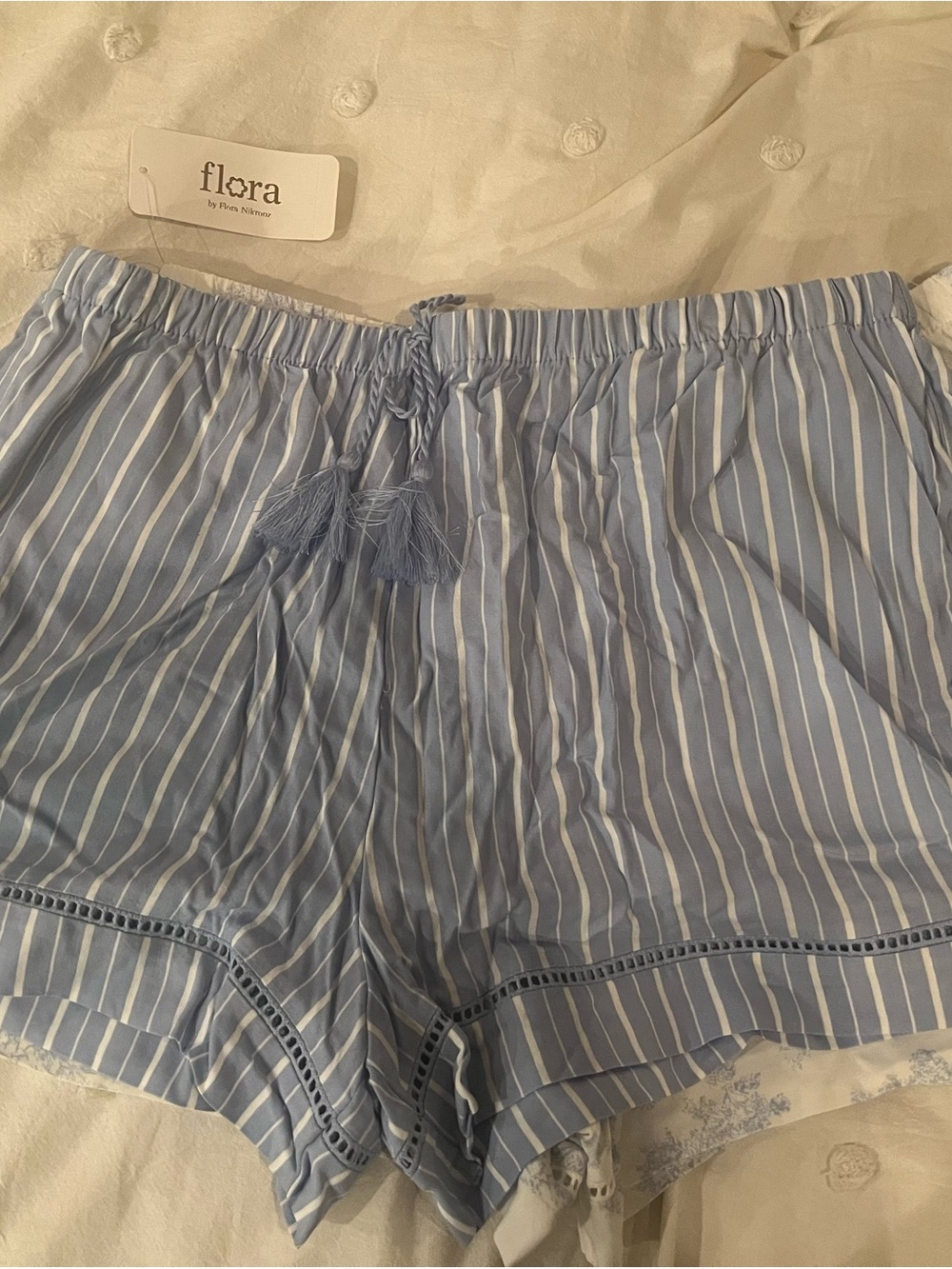 Flora Light Blue & White Striped and blue white toile Tassel Sleep Short 2 pack